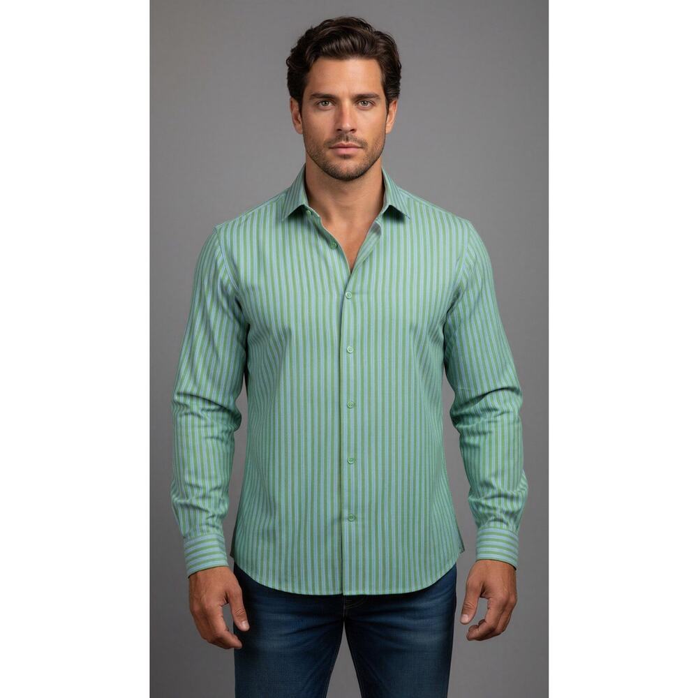 Visconti Black Shirt Mens‎ Large Button-Up Long Sleeve Blue Green Striped Shirt